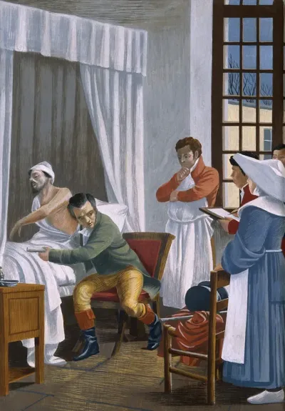 René Théophile Hyacinthe Laënnec auscultating a tuberculous patient at the Necker Hospital, Paris