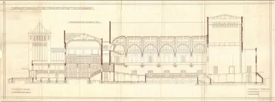 Replica van een bouwtekening, een doorsnede, van het Concertgebouw De Vereeniging uit maart 1914.