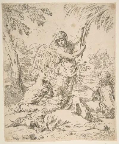 Repose in Egypt, Mary nursing the infant Christ while an angel pulls at tree branches