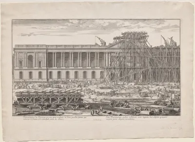 Representation des Machines qui ont servi à eslever les deux grandes pierres qui couvrent le fronton de la principale entrée du Louvre
