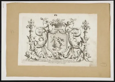 Representation in frame surrounded by 6 putti and foliate scrolls