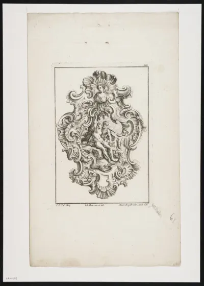 Representation of a nude woman and satyr in a cartouche with rococo motifs