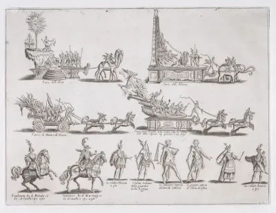 Reprint of Le Chars et Les Personnages (The Chariots and The Characters), from La Guerre d'Amour (Guerra d'Amore) (War of Love)