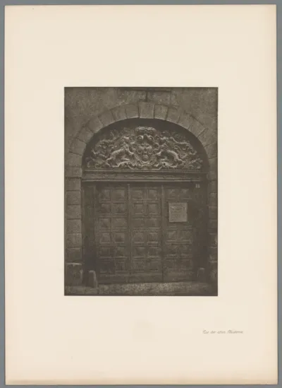 Reproductie van een gomdruk van de ingang van de kunstacademie in Düsseldorf door Erwin Quedenfeldt