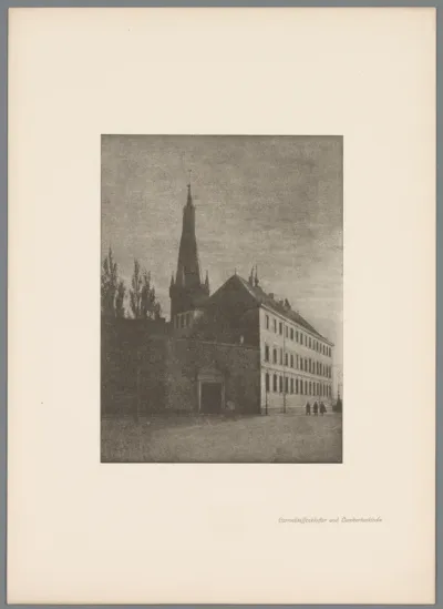 Reproductie van een gomdruk van het Carmelitessenklooster met de Sint-Lambertuskerk in Düsseldorf door Erwin Quedenfeldt