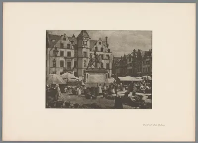 Reproductie van een gomdruk van het marktplein in Düsseldorf door Erwin Quedenfeldt