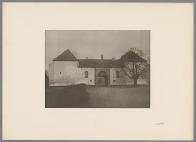 Reproductie van een gomdruk van het poortgebouw van de abdij van Düsselthal in Düsseldorf door Erwin Quedenfeldt