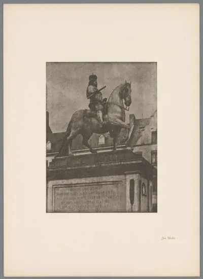 Reproductie van een gomdruk van het ruiterstandbeeld van Johan Willem van de Palts in Düsseldorf door Erwin Quedenfeldt