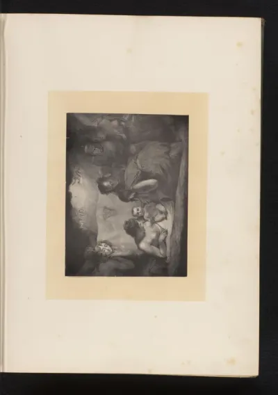 Reproductie van een gravure naar een schilderij van Shakespeare die als kind bezocht wordt door de Natuur en Passies