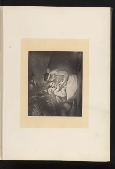 Reproductie van een gravure naar een schilderij van Shakespeare die als kind wordt gevoed door Tragedie en Komedie