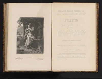 Reproductie van een gravure van een soldaat die een vrouw omhelst