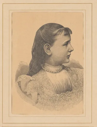 Reproductie van een portret naar een foto van koningin Wilhelmina der Nederlanden als jonge vrouw