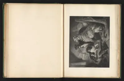 Reproductie van een prent naar een schilderij van drie honden en een papegaai door Edwin Landseer