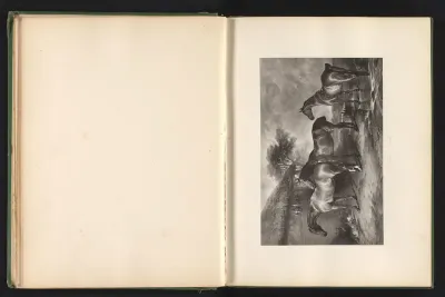 Reproductie van een prent naar een schilderij van drie paarden bij een boerderij door Edwin Landseer