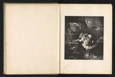 Reproductie van een prent naar een schilderij van een aap die een kat kwelt door Edwin Landseer