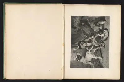 Reproductie van een prent naar een schilderij van een aap met twee puppies door Edwin Landseer