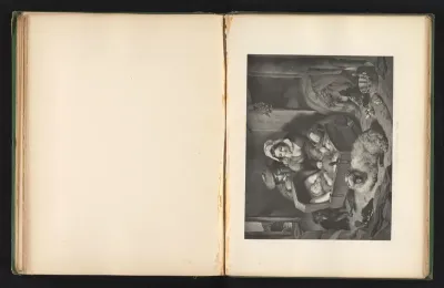 Reproductie van een prent naar een schilderij van een boerenfamilie in een interieur door Edwin Landseer