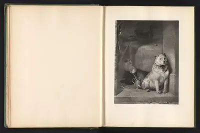 Reproductie van een prent naar een schilderij van een hond in een deuropening door Edwin Landseer