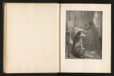 Reproductie van een prent naar een schilderij van een hond in een kasteelinterieur door Edwin Landseer
