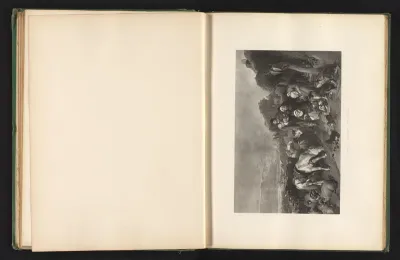 Reproductie van een prent naar een schilderij van herders met hun kudde in de Schotse Hooglanden door Edwin Landseer