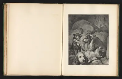 Reproductie van een prent naar een schilderij van honden bij een dode ree door Edwin Landseer