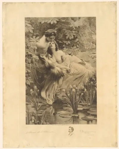 Reproductie van een prent naar een schilderij van Narcissus en Echo