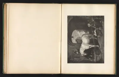 Reproductie van een prent naar een schilderij van paarden in een stal door Edwin Landseer