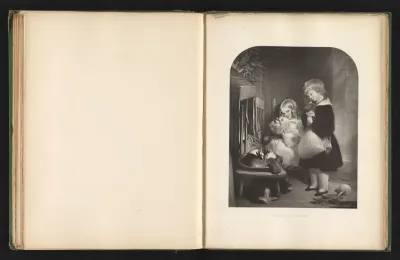 Reproductie van een prent naar een schilderij van twee kinderen met konijnen door Edwin Landseer
