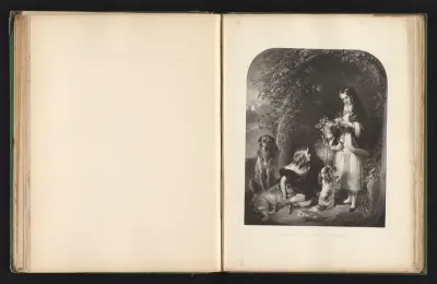 Reproductie van een prent naar een schilderij van twee kinderen van de hertog van Sutherland met dieren door Edwin Landseer