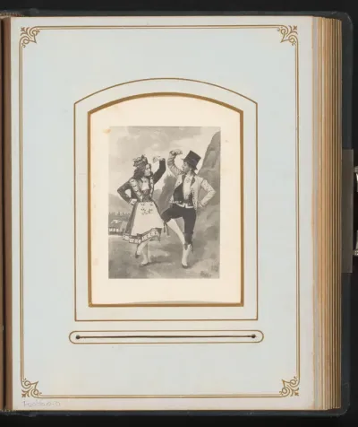 Reproductie van een schilderij van een dansend paar in bergen in klederdracht
