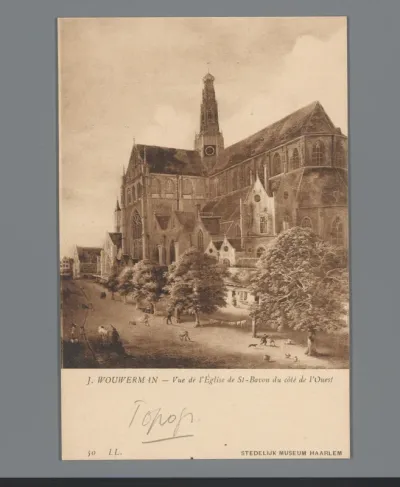 Reproductie van een schilderij van een gezicht op de Sint-Bavokerk te Haarlem door J. Wouwerman