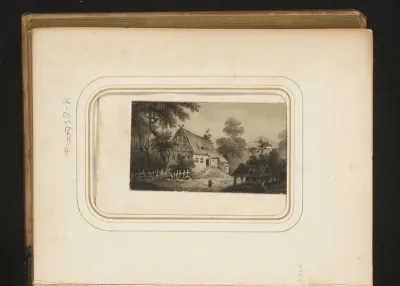 Reproductie van een schilderij van een landschap met boerderij