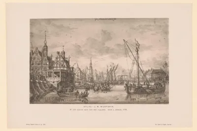 Reproductie van een tekening van een gezicht op Amsterdam met de Nieuwe Brug en het Paalhuis door J. Storck