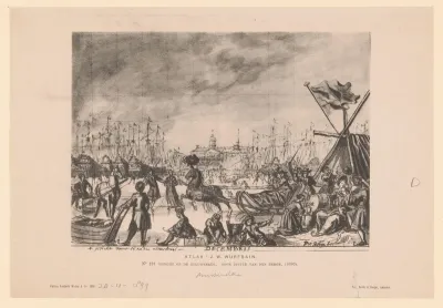 Reproductie van een tekening van een gezicht op de Nieuwe Brug door Pieter van den Berge