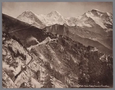 Reproductie van een tekening van een spoorlijn in de oostelijke Berner Alpen