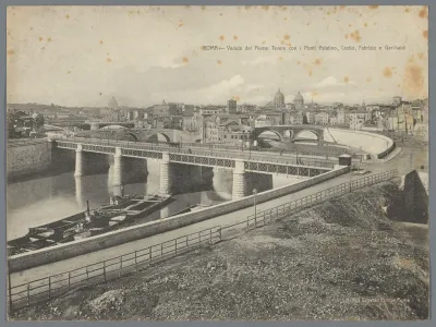 Reproductie van een tekening van het Tibereiland en de Ponte Palatino te Rome