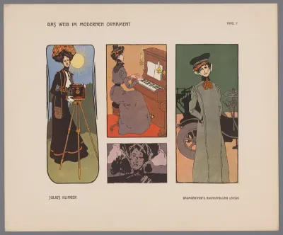Reproductie van vier lithografieën van onder andere een vrouw met een camera door Julius Klinger
