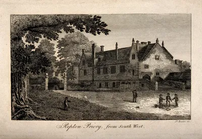 Repton Priory, Repton, Derbyshire: children playing outside the priory