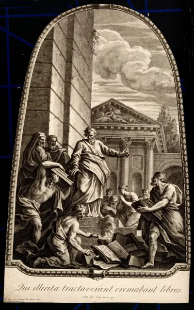 Residents of Ephesus burn their books on the magic arts before Saint Paul