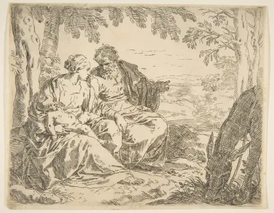Rest on the flight into Egypt, Mary holding the infant Christ while St. Joseph points into the distance