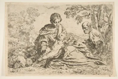 Rest on the flight into Egypt, Mary holding the infant Christ with St. Joseph at right, copy after Cantarini