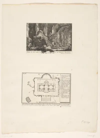Restanten en plattegrond van de Thermen van Trajanus te Rome