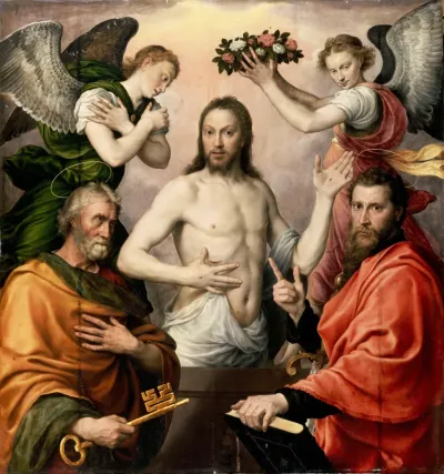 Resurrected Jesus Christ surrounded by St. Peter and St. Paul