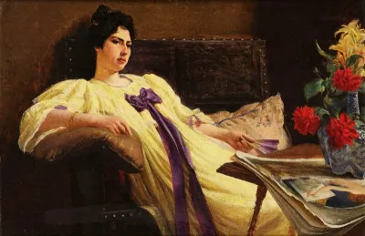 Retrato de senhora, désabille amarelo, laço roxo