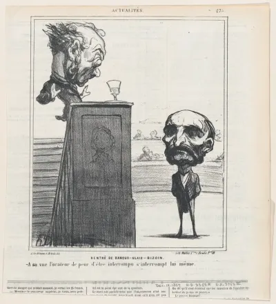 Return of Banquo-Clais-Bizoin: When seeing him, the speaker in fear of being interrupted, interrupts his speech himself, from 'News of the day,' published in Le Charivari, December 14, 1869