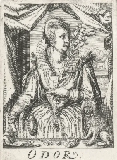 Reuk (Odor), een vrouw met een bloemtak