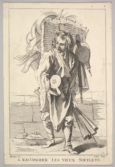 Reverse copy of A Racomoder les Vieux Souflets (Mend the Old Bellows), plate 3 from "Le Cris de Paris" (The Cries of Paris)