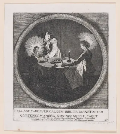 Reverse Copy of Le Benedicite, estampe appelée aussi La Sainte Famille a Table et St. Joseph Faisant Boire L'Enfant Jésus (The Grace, also called The Holy Family at the Table and St. Joseph Giving the Christ Child a Drink)