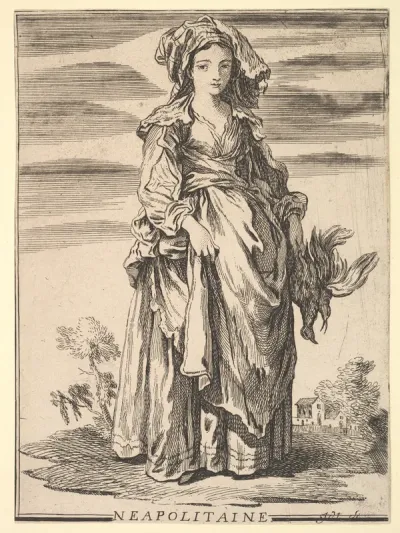 Reverse copy of Neapolitaine, from Recueil de diverses fig.res étrangeres Inventées par F. Boucher P.tre du Roy et Gravées par F. Ravenet (Collection of Various Foreign Figures, Devised by F. Boucher, Painter of the King and Engraved [etched] by F. R