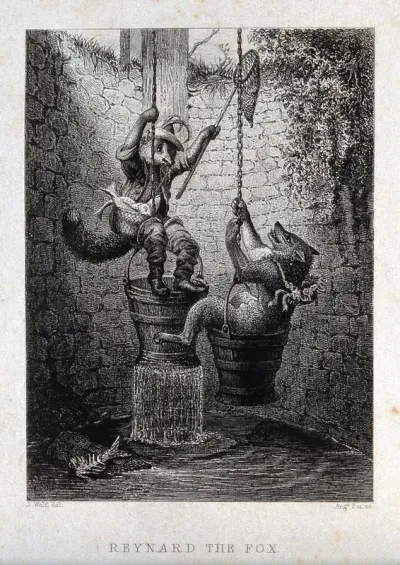 Reynard the fox is lowering himself into a well by sitting on the well-bucket, while the wolf is raised out of the well by the same move